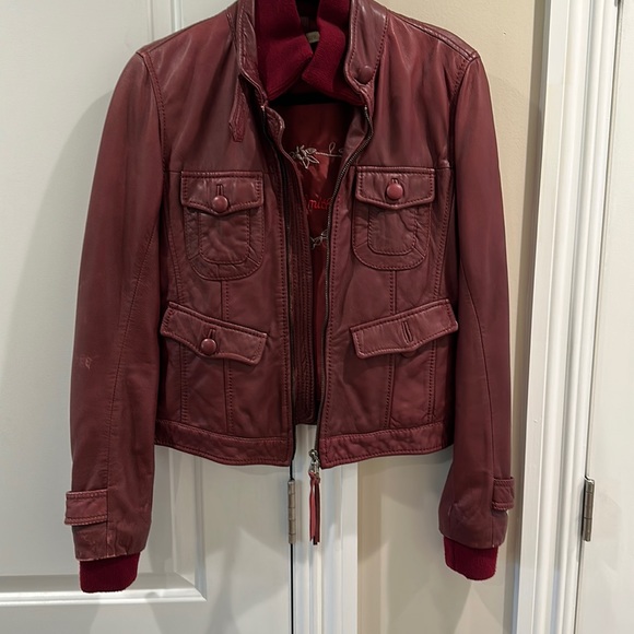 Flora Smith burgundy leather bomber jacket size 42 - Picture 1 of 11
